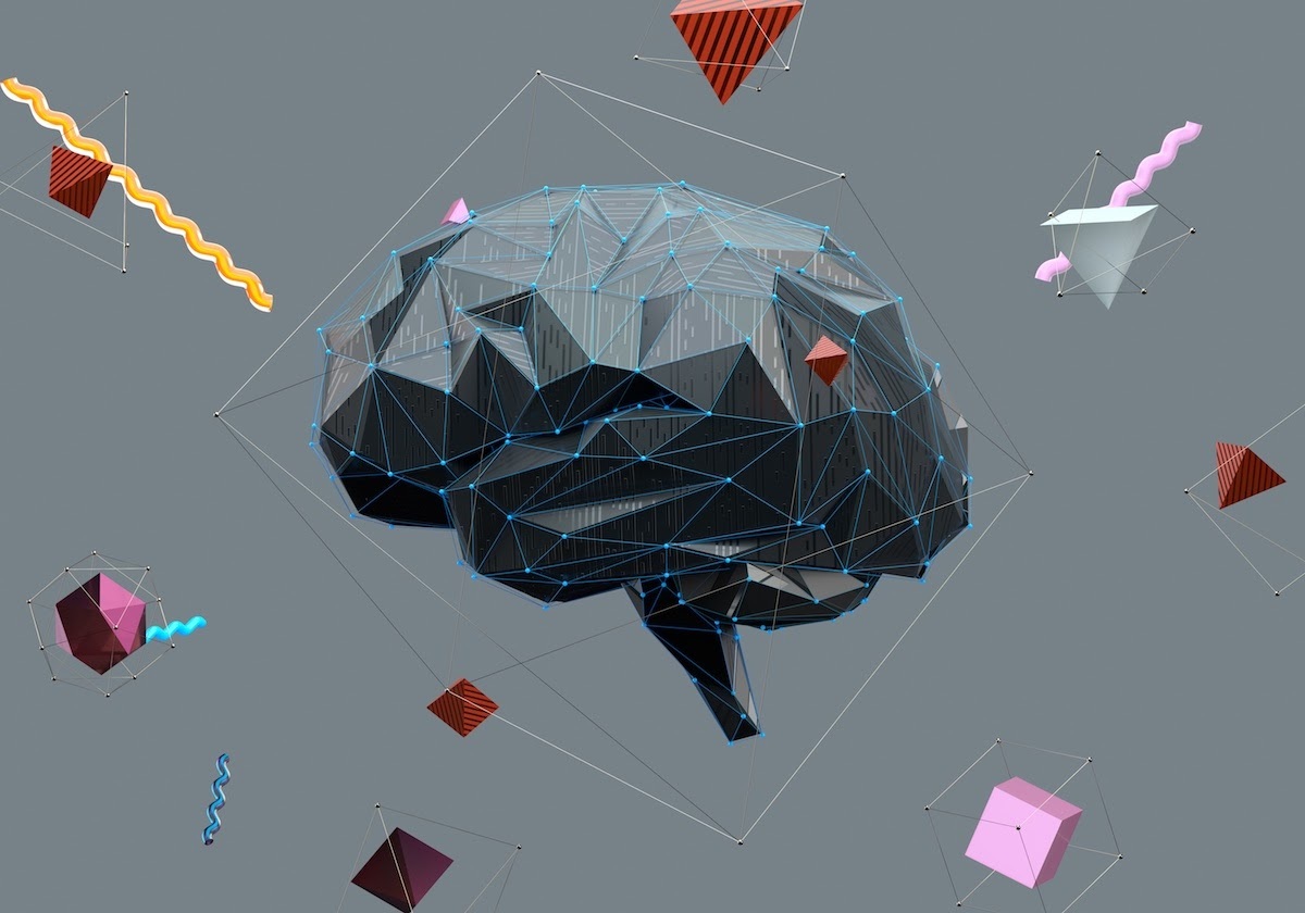 Digital generated image of a brain with glowing blue edges, surrounded by different geometric shapes against a gray background.