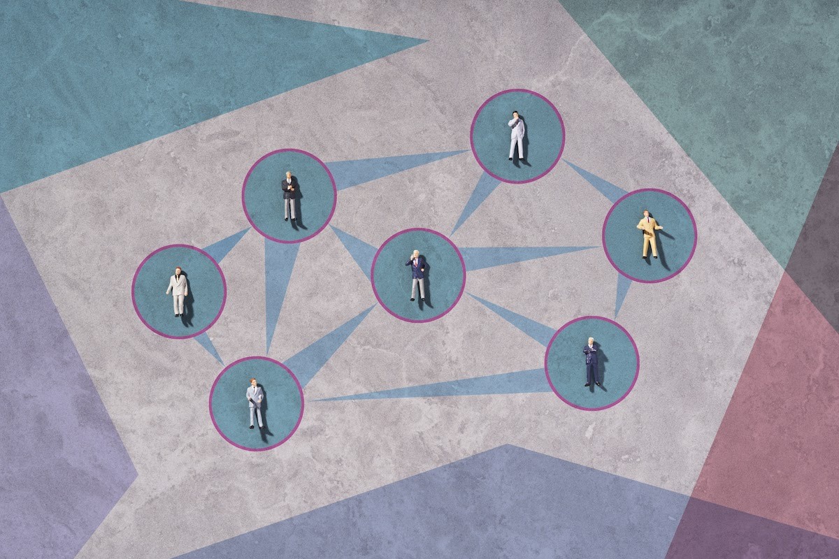 A graphic illustration of interconnected businesspeople against a color-blocked background.