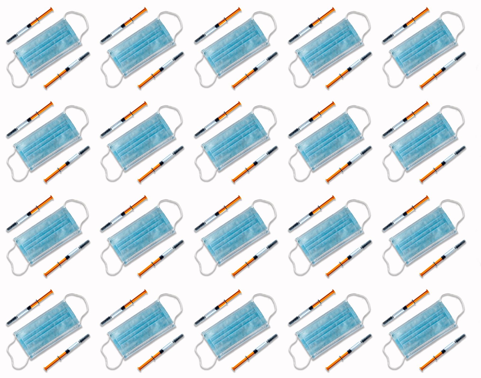 Multiple rows of face masks and syringes against a white background.
