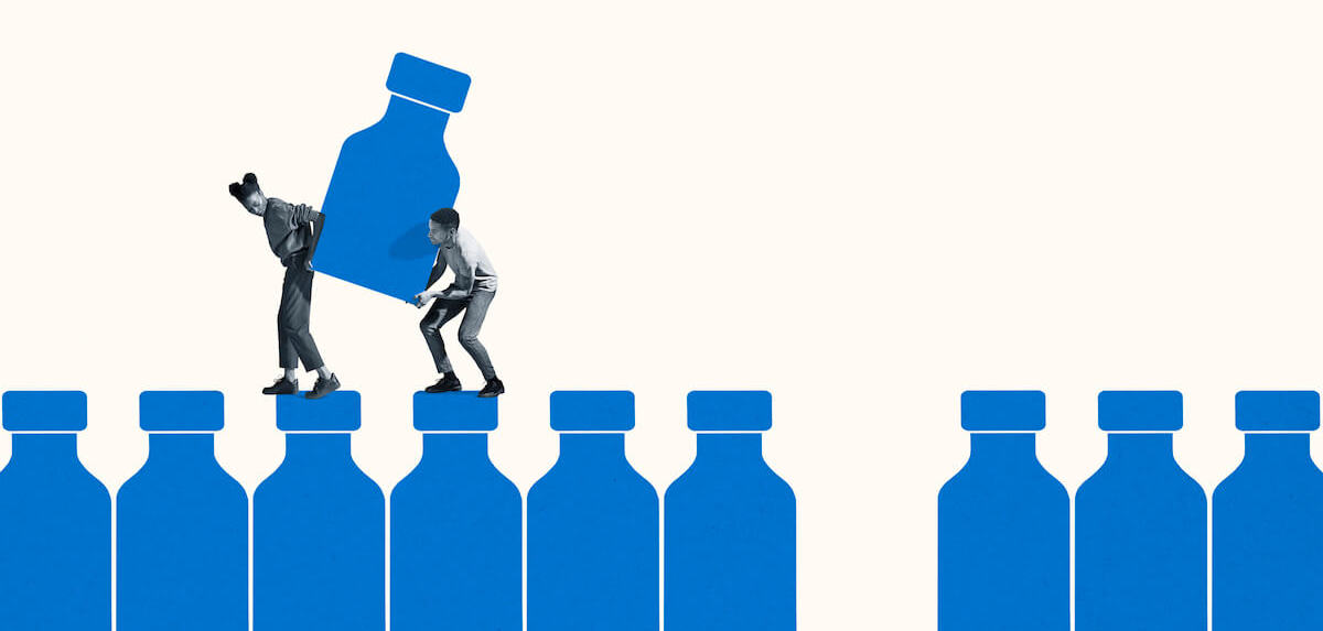 A graphic illustration of two young people carrying a giant blue bottle of medicine, walking across rows of similar bottles.